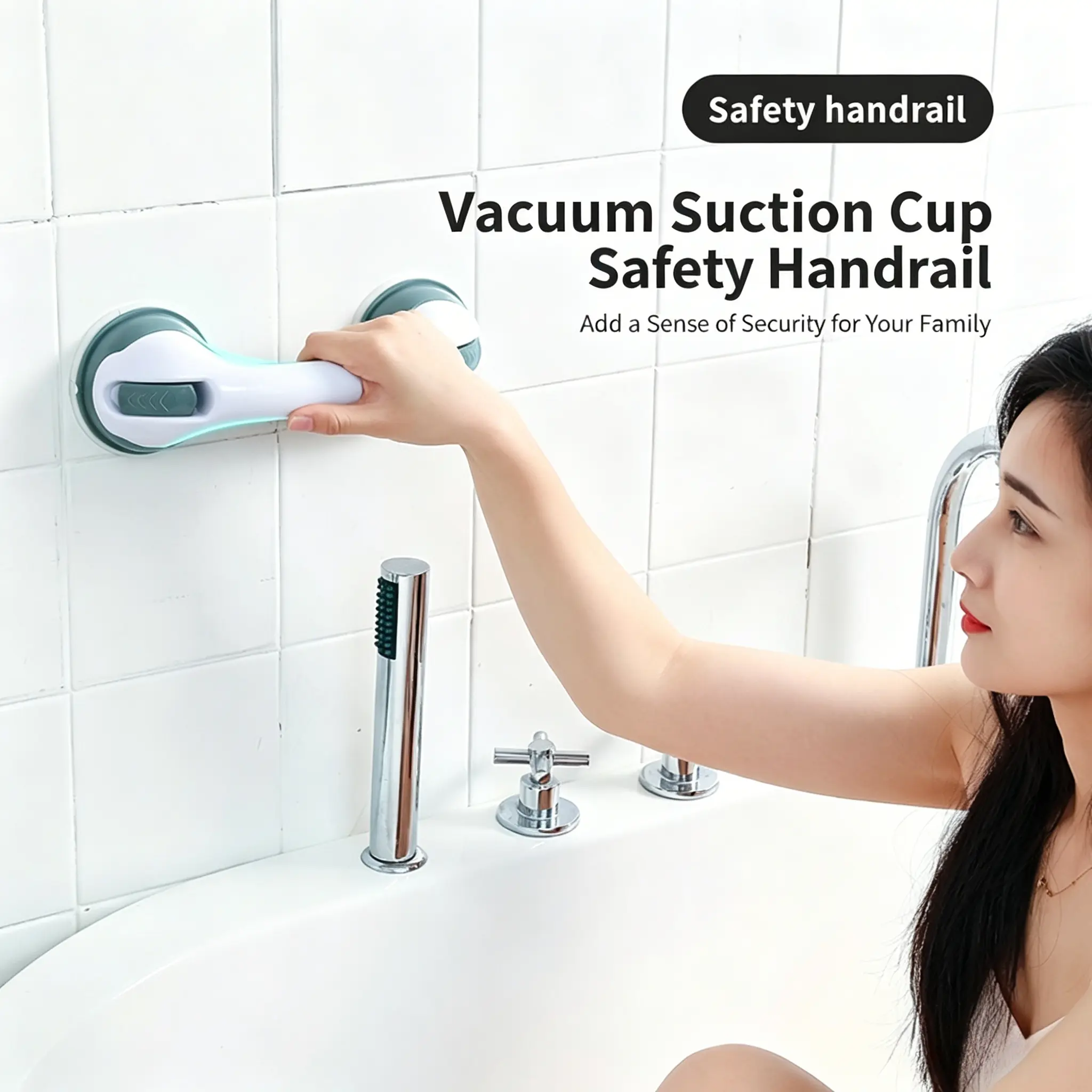 Shower Handle Grab Bars for Bathtubs & Showers, 12 inch Grab Bars for Bathroom with Strong Hold Suction Cup, Balance Bar Safety Hand Rail for Injury, Senior, Elderly Grey