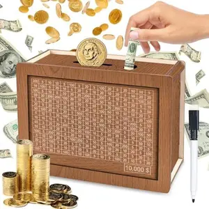 Cash Saver Box Cash Vault Wooden Savings Box Money Box with Counter Wooden Cash Storage Bank Retro Cash Saver Wooden Money Jar Piggy Bank with Numbers Tick for Children and Adult(10000 Dollar)