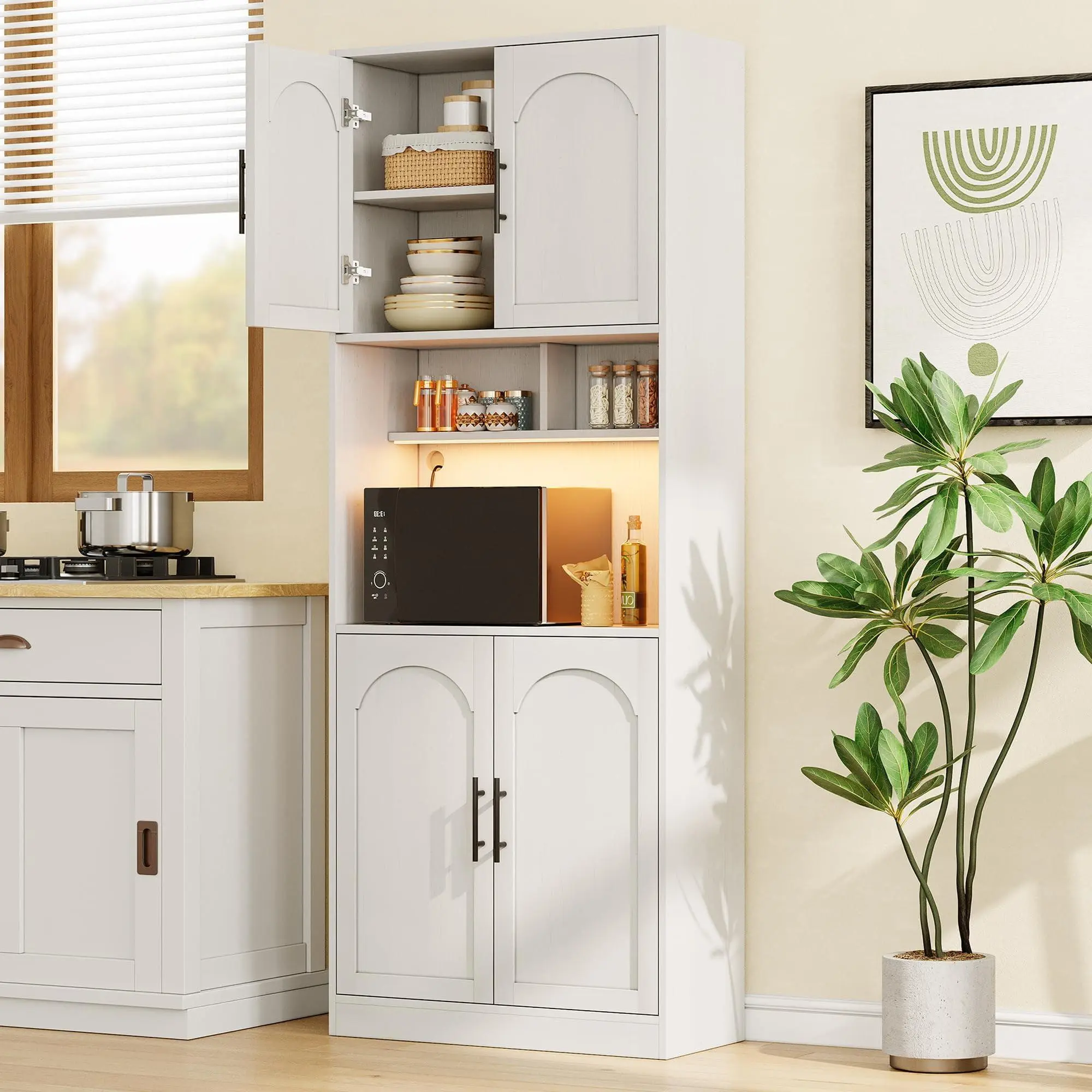 Tall Kitchen Hutch Bar Cabinet with Microwave Stand Kitchen Pantry Cabinet with RGB Light  Farmhouse Large Wood Storage Cabinet with 2 Open Shelves and Barn Doors Cupboard for Dining Room  White