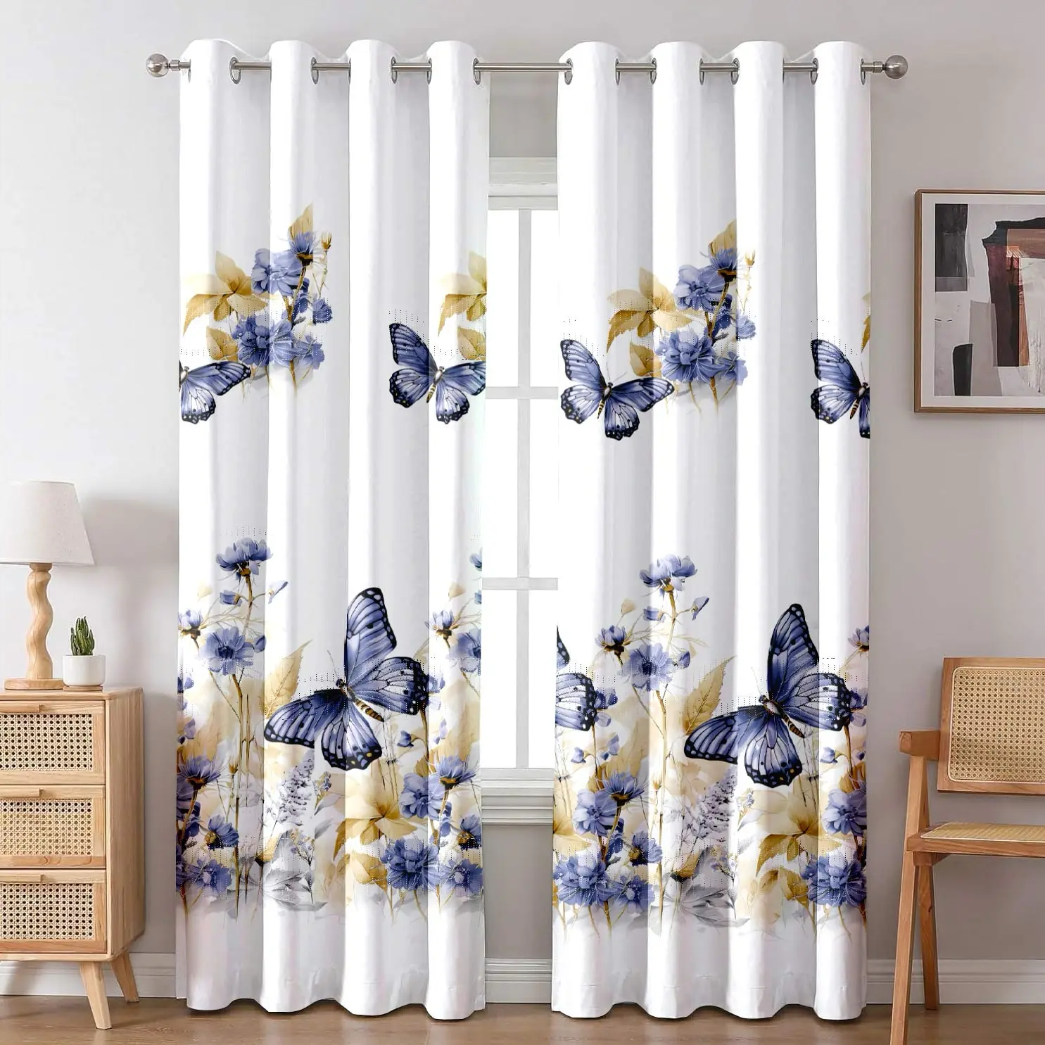 Semi-Blackout Curtains Set of 2 – 6 Patterns! Vintage Leaf/Seashell/Blue Marble/Butterfly/Warm Floral/Blue Feather. Soft superfiber + corn paste, light filtering, washable & water resistant. 16" grommets, 52"×84" for living room/study/bedroom