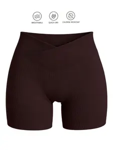 V Waist Ribbed Seamless Biker Shorts, Tummy Control Butt Lifting, Comfortable Fit, Seamless Stretch Shorts, Ideal for Daily Wear & Activewear, Solid Ribbed Shorts