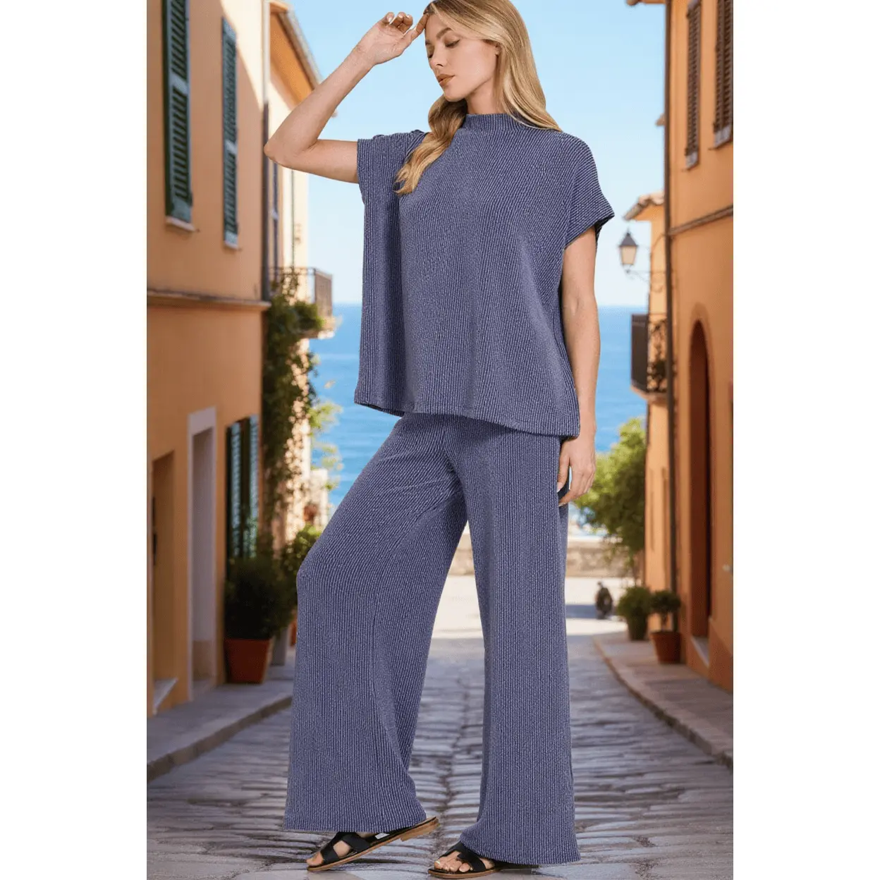 Zenana Women's Casual Clothes Set - Ribbed Drop Shoulder Mock Neck Tee and Wide Leg Pants Loungewear, Fabric, Sleeveless, Style, Comfy Sets, Drop Shoulders, Polyester Blend, Relaxed Look, Spandex, Elastic, Short Sleeves, Wide Legs, Polyester Blends, Cozy