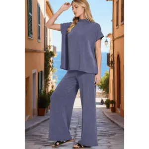 Zenana Ribbed Short Sleeve and Wide Leg Pants Set
