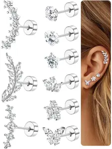 9Pcs Helix Piercing Jewellery Surgical Steel Helix Tragus Cartilage Earrings Hypoallergenic Stainless Steel Earring Set Flat Back Earrings Studs Gold Silver Ear Conch Daith Tragus Piercing Jewellery for Women