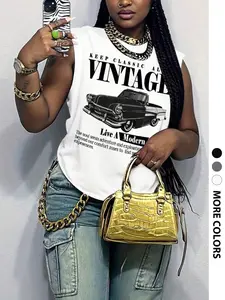 Women's Slim-Fit Upac Letter Print Round Neck Tank Top, Casual Lightweight Thin Fabric for Summer, Stylish Ladies Sleeveless Shirt