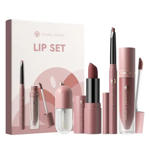 YOUNG VISION Four-In-One Lip Makeup Set, Lip Kits, Lip Combo, Lip Gloss, Rich Shades for All Skin Tones, Matte Velvet Texture, Smooth Finish, Elegant Gift Box Packaging, Gloss Lipstick