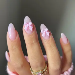 Almond Fake Nail, 24pcs/set Bow Decor Press on Nails with Nail File & Jelly Glue, Removable Full Cover Artificial Fake Nail for Women & Girls, Almond Shape Nails