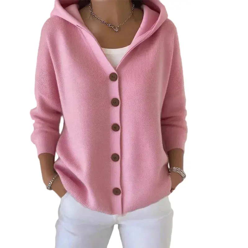 Button-Front Hooded Knit Cardigan | Relaxed Fit Long-Sleeve Women's Sweater, Everyday