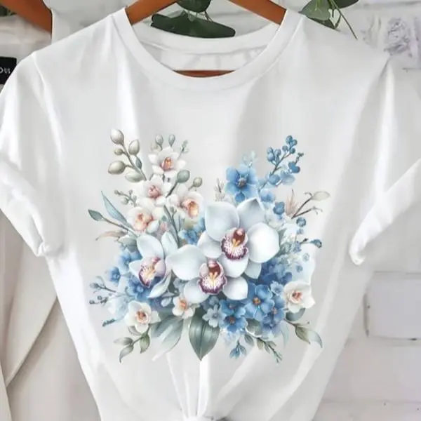 Women's 100% Cotton Short-Sleeve T-Shirt, Blue Orchid Floral Bouquet Print, Chic Elegance Day Wear, Botanical Casual Summer Top, Shortsleeve, Fabric, Tshirt, Soft, Comfy, Everyday, Fit, Cool And Casual Women's T-Shirts, Cardigan