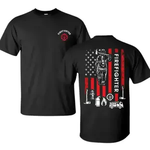 Firefighter American Flag Graphic Tee - Distressed Thin Red Line Shirt | Heroic Fire Dept Apparel for Men | Heavy Cotton Fireman Birthday Gift Idea