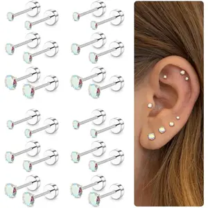 CASSIECA Unisex 12-Pair 20G Non Tarnish Stainless Steel Cubic Zirconia Stud Earrings Set, Round CZ Flat Back Screw Piercings for Cartilage Helix, Earring for Women Jewelry, Non Tarnish Jewelry