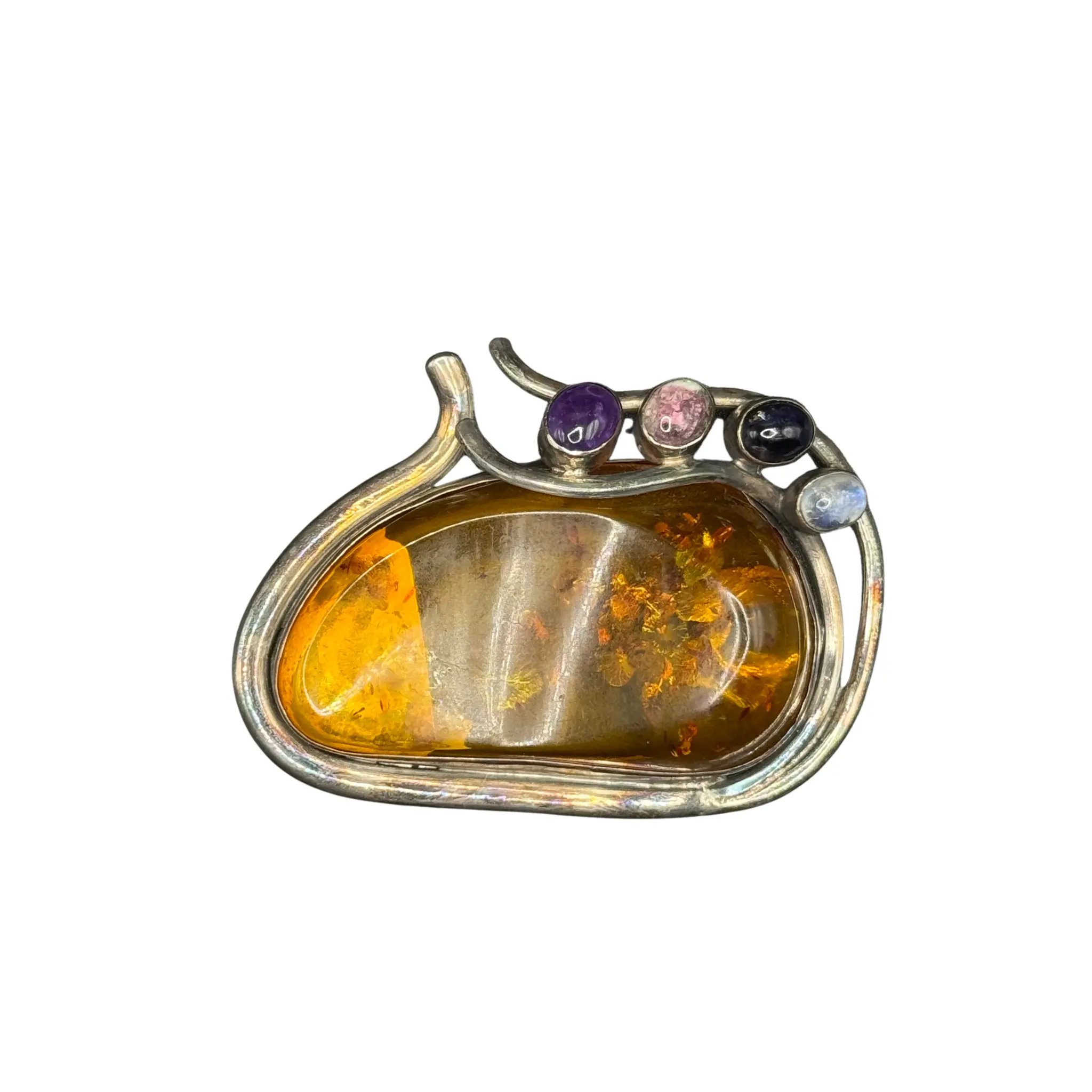 Amber Brooch + Pendant w/ Semi Precious Stones