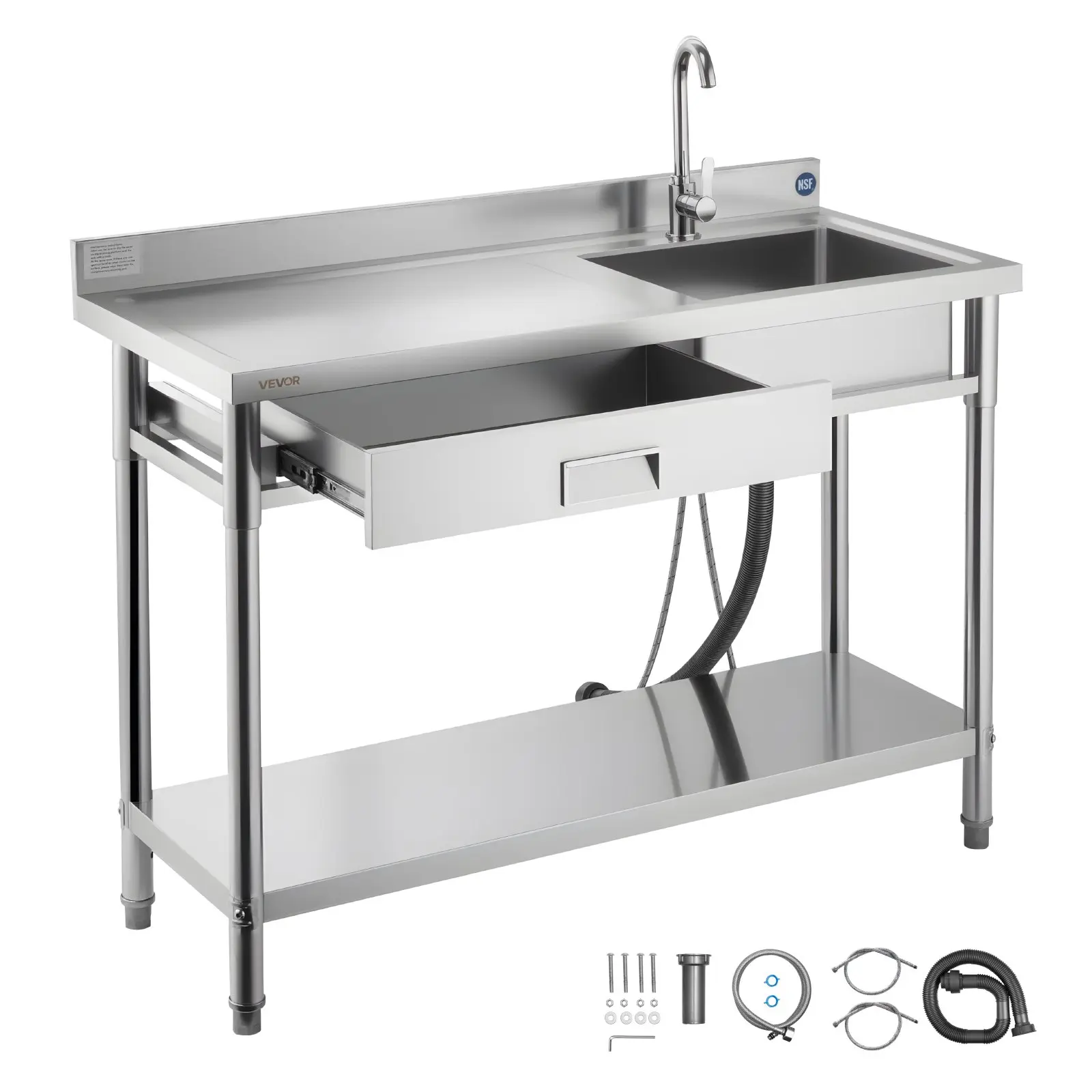 【Summerfinds】VEVOR Stainless Steel Kitchen Bar Sink, Rolling Single Bowl Commercial Utility Sink with Drawer, Faucet & Hot-Cold Water Pipe, 47.2x19.7x37in Basin for Restaurant, Garage