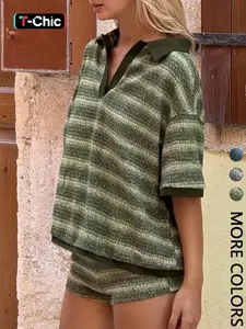 Women's Striped Casual Matching Set, Womenswear Cardigan Hooded Top + Slim Shorts, Ultra Soft Versatile, Perfect for Home Leisure & Weekend Gatherings