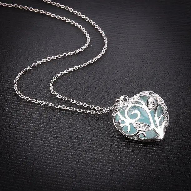 Luminous Blue Heart, Glow in the Dark Silver Necklace