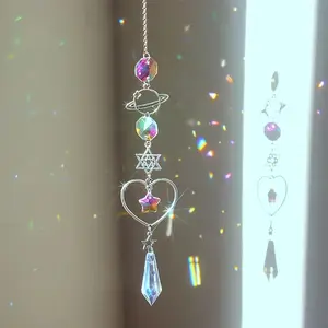 Crystal Moon & Sun Wind Chime with Diamond Prism, Home Garden Decoration Rainbow Catcher Pendant, Water Drop Design, Hanging Decor