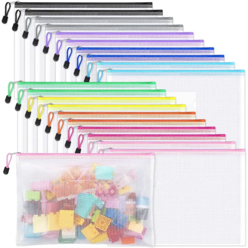 PVC Translucent Plastic Mesh Resealing Zipper Pouch Bags (5/10/20 Bulk Pack), A4 Letter Size with Label Pocket, Waterproof Home Organizer for Classroom Teacher Supplies