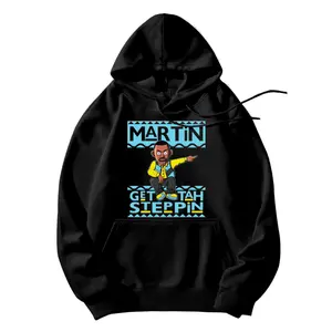 Men's Black Martin Cartoon Long Sleeve Hoodie - 90s TV "Get Tah Steppin" Funny Graphic Sweatshirt, Breathable Autumn/Winter Casual Street Style Pullover Tops