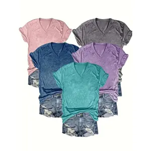 5 pieces solid color v neck t shirt casual short sleeve t shirt women clothing Womenswear Knitting