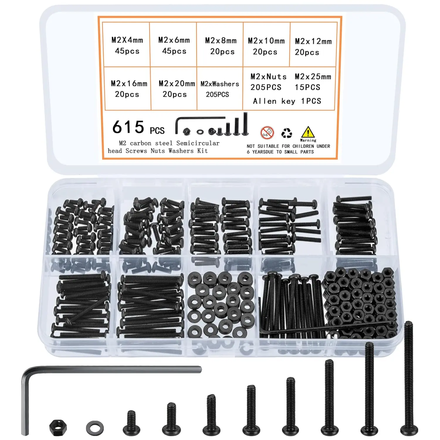 615 count M2 Screw Assortment, M2  and Nuts Kit, Hex Socket Button  Cap Screws and Nuts and Washers Set, Metric Machine Screw Assortment Kit, Small Black Assorted Screws Nuts