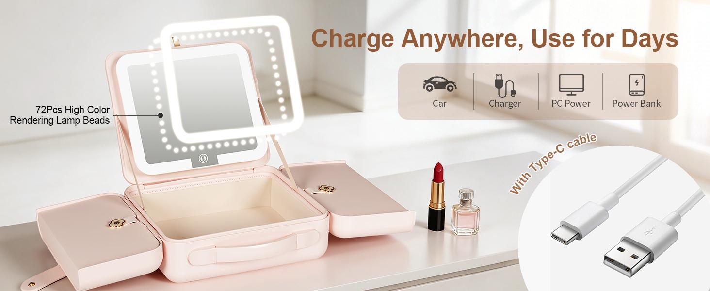 All-in-One Makeup Bag with Magnetic LED Mirror, Portable Travel Makeup Bag, 3 Color Lighting Modes, Rechargeable Makeup Artist Organizer, Moving Vanity Case Cosmetic Organizer for Women & Girls, Adjustable Brightness,  Large Capacity Gift for Her