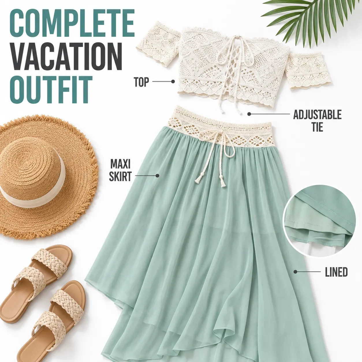 Women’s 2-Piece Reversible Crochet Top & Chiffon Maxi Skirt Beach Cover-Up Set - Practical, Elegant Summer Resort Vacation Outfit for Resort Lounging, No