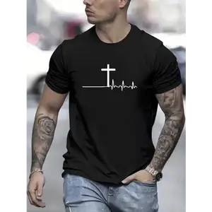 Men's Religious Graphic Tee - Heavyweight 100% Cotton Shirt with Cross & Heartbeat Line Design, All-Season Casual T-Shirt for Gym, Church, Casual Attire - Machine Washable Christian Apparel Gift for Men, Gym Attire
