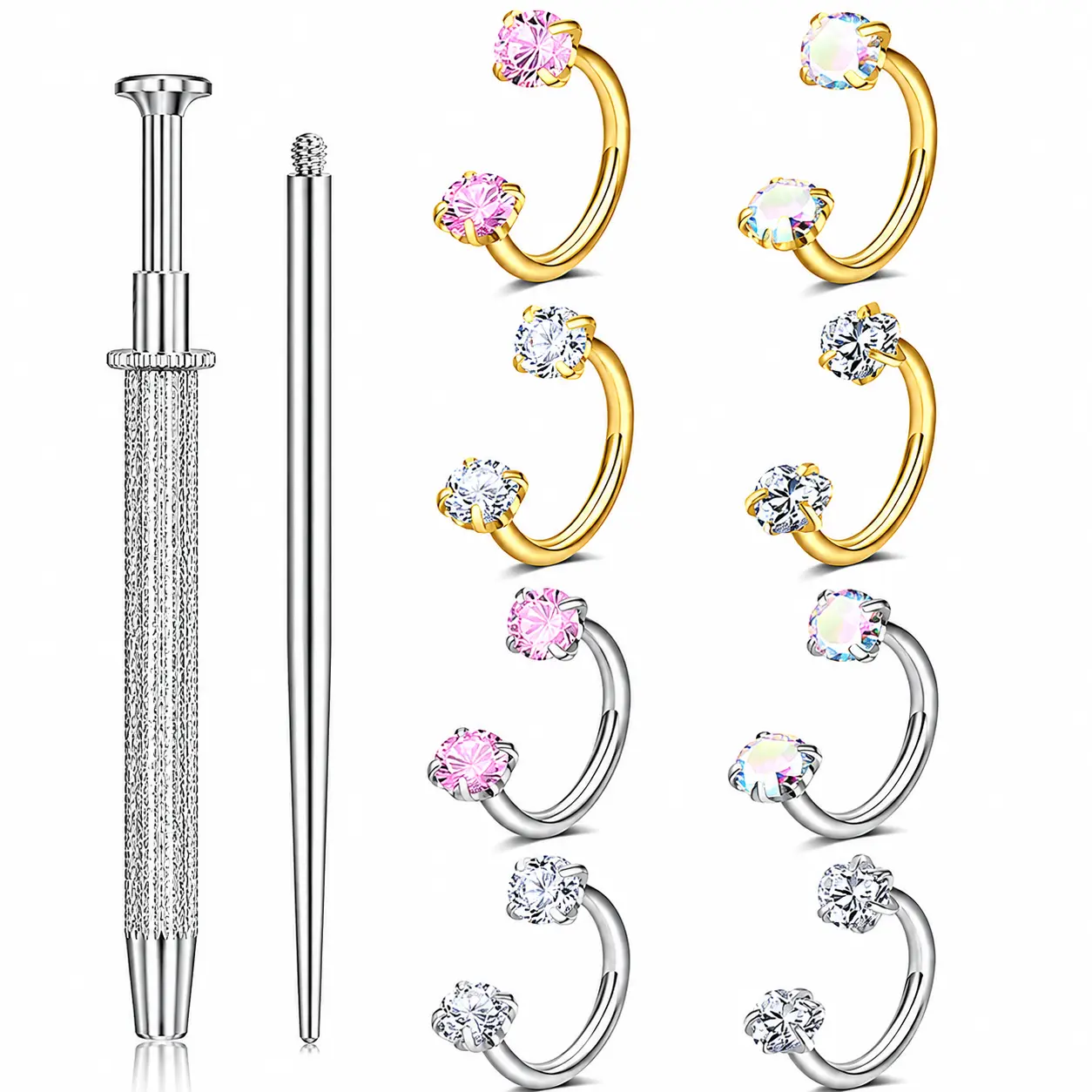 Horseshoe Nose Ring for Women Double Gem Horse Shoe Nose Ring Hoop Surgical Steel Silver Gold Cartilage Helix Tragus Earring Hoops Labret Lip Piercing Jewelry Small Septum Rings
