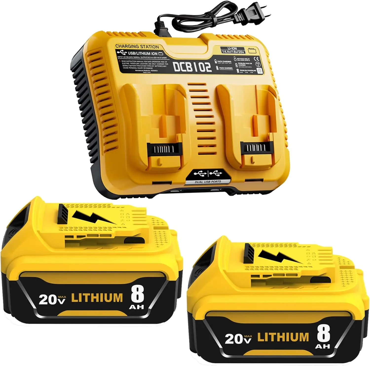 DeWalt 20V MAX Cordless Tool Battery Charger Combo - 2-Pack High-Capacity Lithium Upgraded Battery Replacement (12.0/10.0/8.0) Compatible with DCB206, DCB207, DCB200 Series Power Tools, Lithium High Capacity, High Capacity Battery Cordless Tool Accessorie