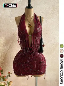 2 Halter Sleeveless Sequin Fringe Crop Top Mini Skirt Set Women | Mesh Sheer Two Piece Outfit | Y2K Party Nightclub Rave Wear
