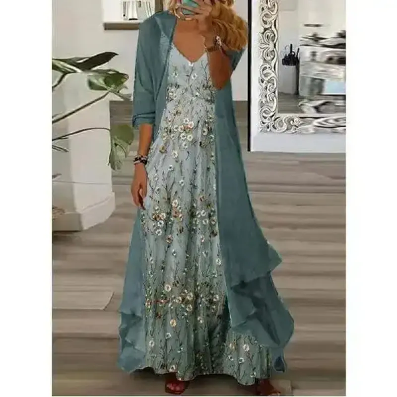 Womens's Casual 2 Piece Set Boho Floral Print Maxi Dress with Cardigan Flowy Chiffon Wedding Guest Dresses for Women Summer Peplum Womenswear Comfort Fabric Knitted