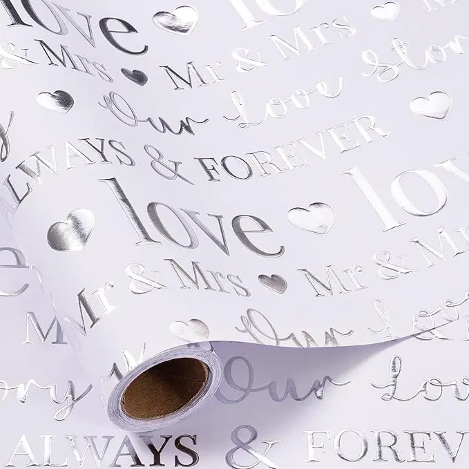 RUSPEPA Wedding Wrapping Paper Roll, Elegant White Gift Wrap with Gold Foil LOVE Lettering, Wedding Ring & Diamond Design, Premium Bridal Shower Gift Wrap for Wedding, Engagement, Anniversary, Newlywed Gifts, 17 Inch x 16.5 Feet