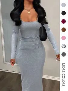 Women's Sexy Plain U Neck Long Sleeve Bodycon Dress, Minimalist Solid Tight Sleeve Long Dress for Fall, Ladies Clothes for Fall, Womenswear