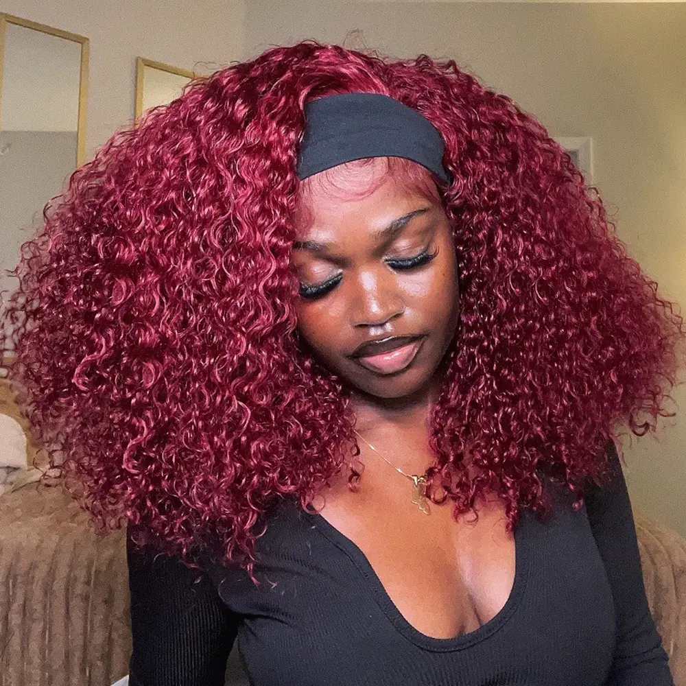 CurlyMe Burgundy Color 250% Density Full Burmese Curly Pre Cut 9x6 Lace Snug Fit Wear Go Glueless Wig Pre-plucked Human Hair