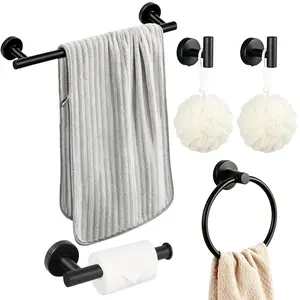 5‑Piece Black Stainless Steel Bathroom Hardware Set, Modern Wall‑Mounted Towel Bar & Toilet Paper Holder Kit, Rust‑Proof Bathroom Accessories for Home Hotel