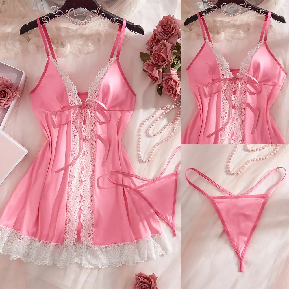 Women's Pink Cute Lace Nightdress - Sexy Open-Front Babydoll Sleepwear, Breathable Comfortable Costume With G-String, Fits Most Sizes, Loungewear, Polyester, Minimalist, Party, Romance