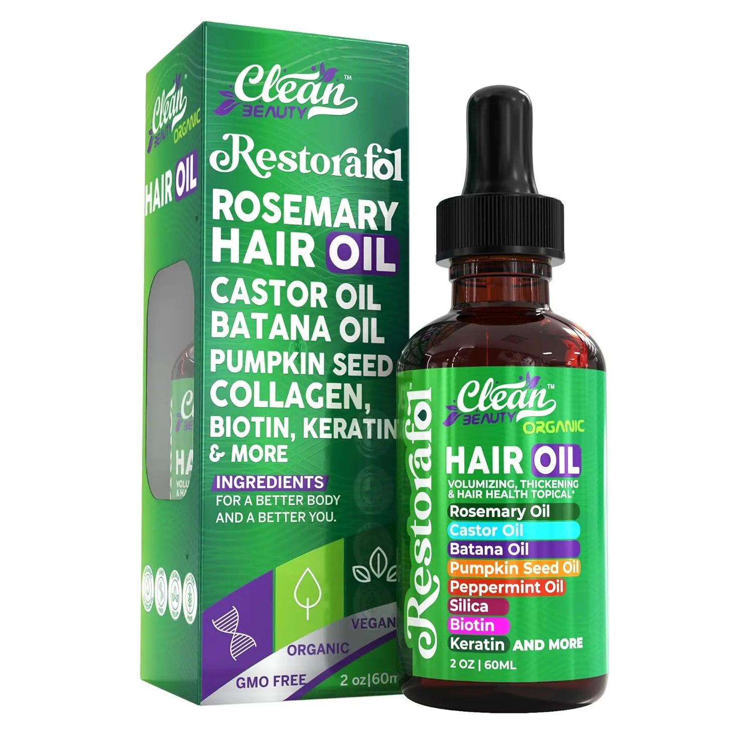 Clean Nutra Rosemary Hair Oil, Castor Oil, Batana Oil, Pumpkin Seed, Collagen, Biotin, Keratin & More for All Hair Types Alcohol-Free Cruelty-Free Liquid Drop – Restorafol