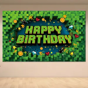 2D flat banner 1 PcsPixel Happy Birthday Banner, Video Game Theme Birthday Pixel Banner Backdrop Gaming Party Supply, Party Decorations Banners, for Party Decoration Home Celebration for Kids 82.67 x 118.11 Inches Polyester Fabric