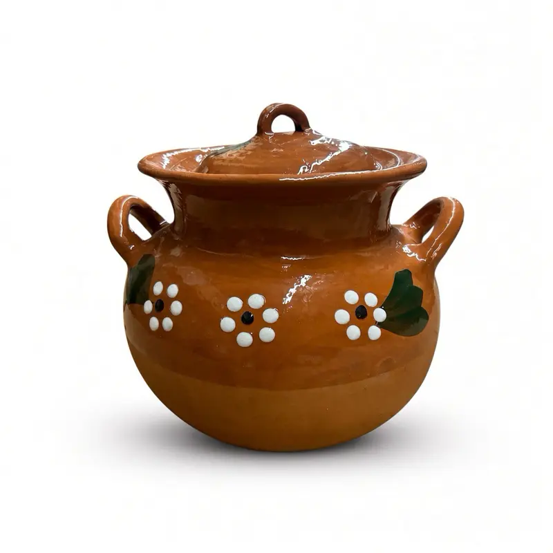 Handcrafted Earthy Mexican Clay Bean Pot with Lid - Food Safe Mexican Kitchenware, Decorated Cazuela, 1.25 gal (10.5"d x 6"w x 6.5"h), Large Traditional Cookware Made In Mexico (Olla C/Flores)