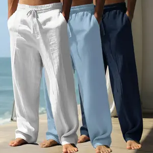 Men’s casual long pants with a loose drawstring waist; lightweight polyester fabric; classic straight leg design; breathable and comfortable; suitable for everyday wear, outdoor travel, vacations, and weekend leisure.