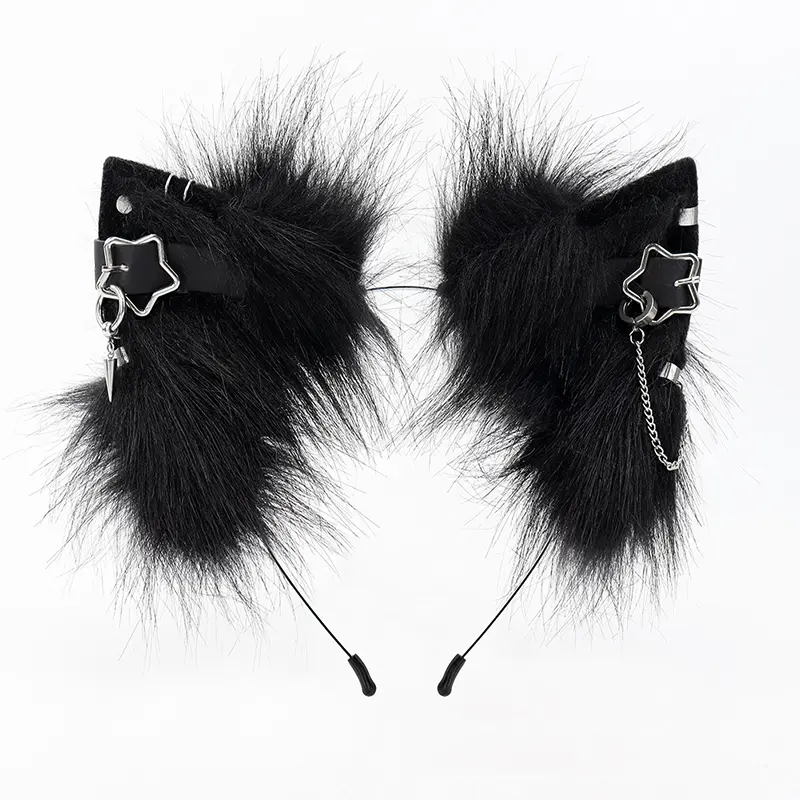 Cute Gothic Punk Cat Ears Headband – Fluffy Faux Fur Cosplay Headpiece with Chain & Star Charms for Halloween & Anime Party