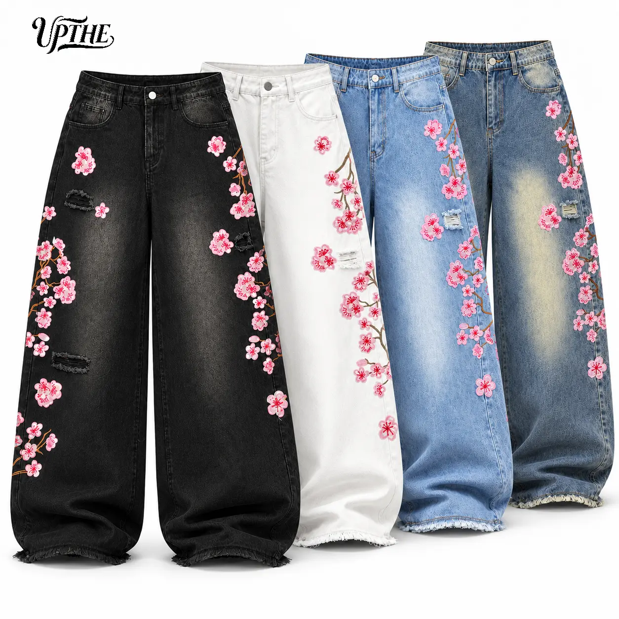 UP THE Vibe Men's Wide Leg Hiphop Jeans - 2000s Fashion Streetwear Drip Clothing, Classic Plum Blossom Embroidery, Button Closure, Distressed Raw Hem, Pockets, Below Ankle, Casual Denim Bottoms (Men's Clothing Collection),sohochic