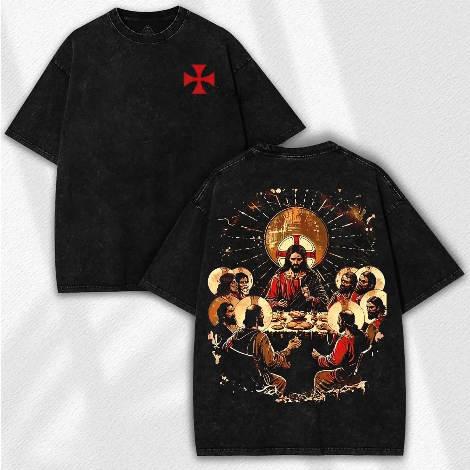 Men's Vintage Oversized Casual T-Shirt - Christian Streetwear Short-Sleeve Round-Neck Top with Last Supper Art Figurative Print, Distressed Design, Festive, Sportswear Look Menswear