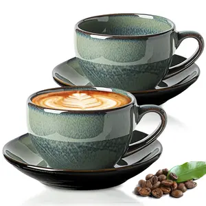 2 Pack Ceramic Coffee Mug Set with Saucer, 12oz/350ml Vintage Design Ceramic Latte Art Cappuccino Barista Cup with Handle, Decorative Mug, Gradient Latte Cups, Aesthetic Mug for Home and Office, Coffee Drinkware, Coffee Cups Gift