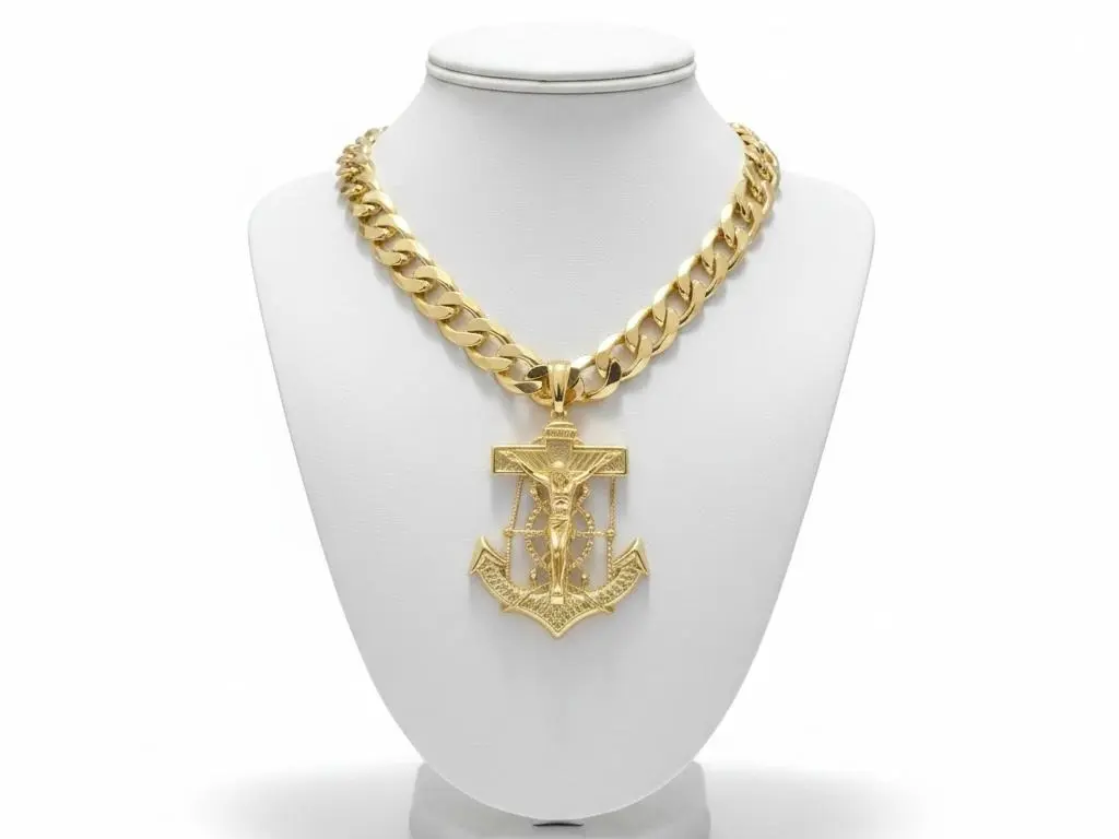 Casual Elegant Unisex Gold-Plated Costume Jewelry Necklace - 10mm & 8mm Thickness Chain with Anchor Pendant with Cross for Daily Wear #351