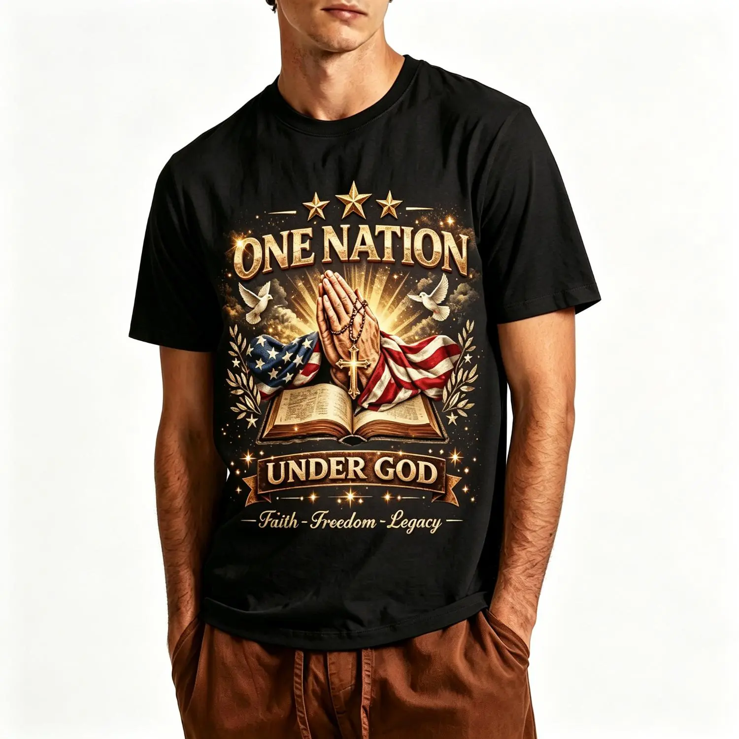 "Under One Nation, Above All Gods" 250th Anniversary T-Shirt American Faith Heritage Praying Hands Bible & Patriotic Loose Fit Casual Round Neck Suitable for 4th of July