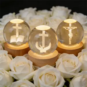 3D Jesus Cross Crystal Ball Night Light | Laser Engraved Bible & Praying Hands with Wooden Base | Inspirational Christian Spiritual Decor | Perfect Religious Gift for Baptism, Communion, Easter & Mother’s Day