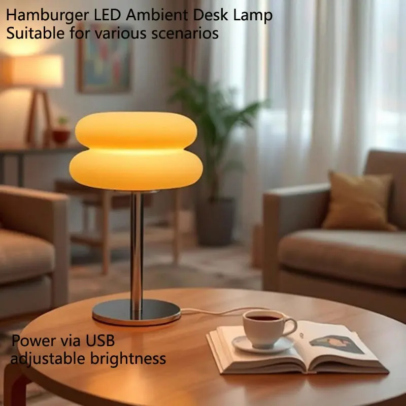 T6028 4-LED Burger Table Lamp, Ambient Decoration Lamp, Atmosphere Decor Night Light, USB Lighting Fixture, Button Three-Tone Dimming, Indoor Lighting, Perfect for Living Room Bedroom Home Office