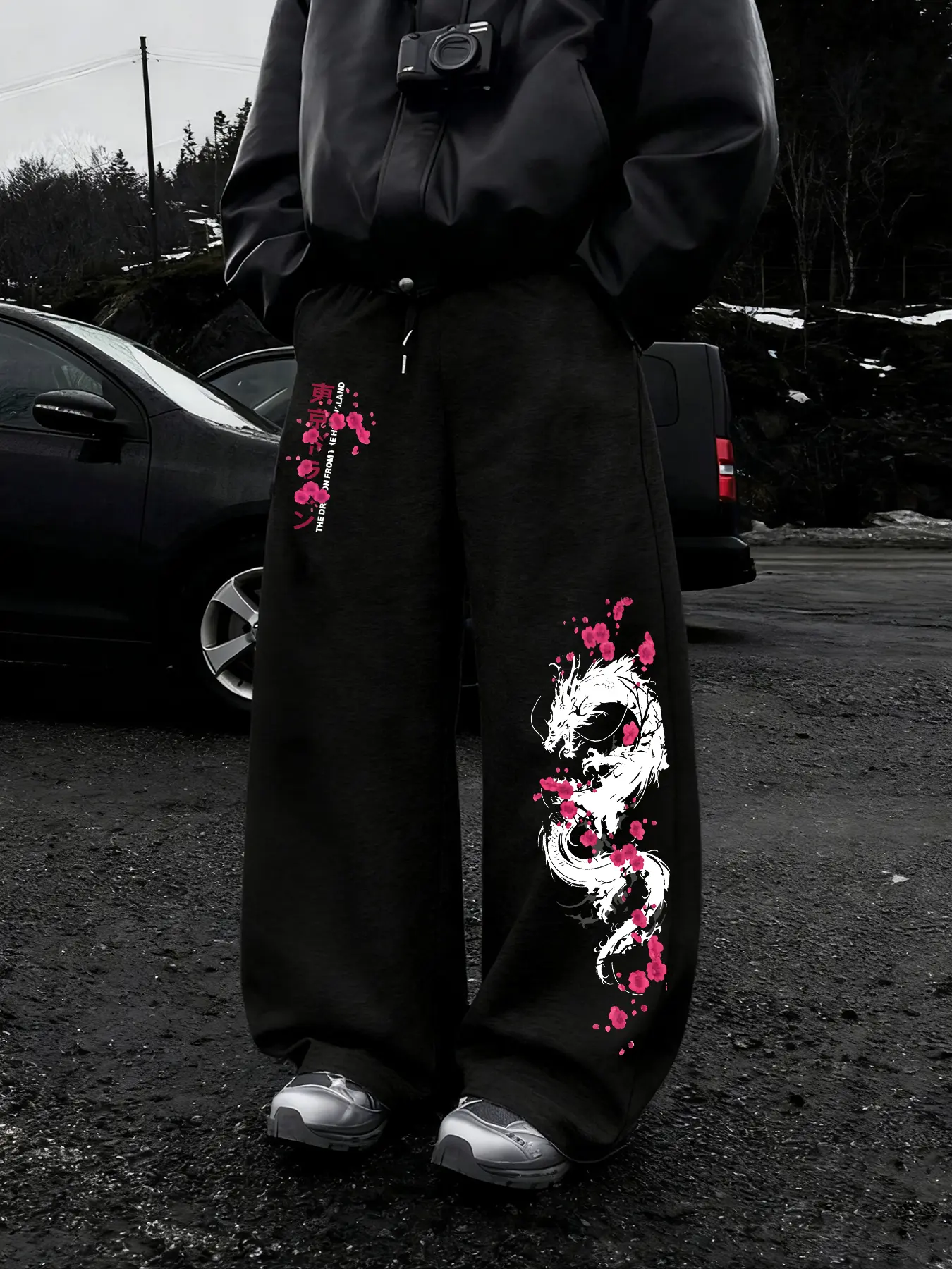 Men's Oversized Baggy Sweatpants Japanese Dragon Cherry Blossom Floral Print Street Style Y2K Wide Leg Trousers, Goth Pants for Casual Street Comfy Outfits, Hip Hop Loose Fit Joggers with Drawstring Waist, Vintage Loungewear, Casual Athleisure Pants