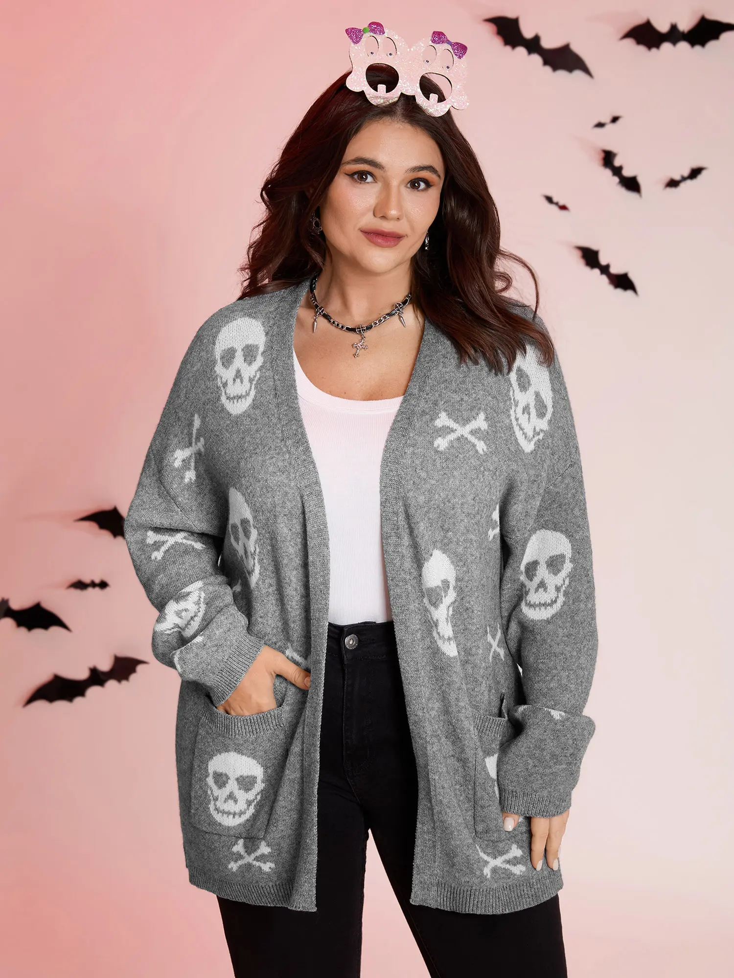 BloomChic Women's Plus Size Halloween Skull Pattern Cardigan, Casual Open-Front Long Sleeve Nylon Blend Knit Sweater with Pockets, Casual Fashion Top, Longsleeves